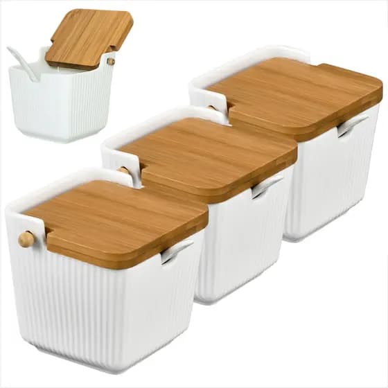 Conjunto 3 Saleiros Oasis Ceramica Com Tampa Bambu