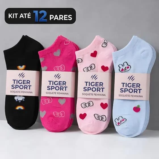Kit até 12 Pares Meias Soquete Feminina Tiger Sport Macia e Confortável