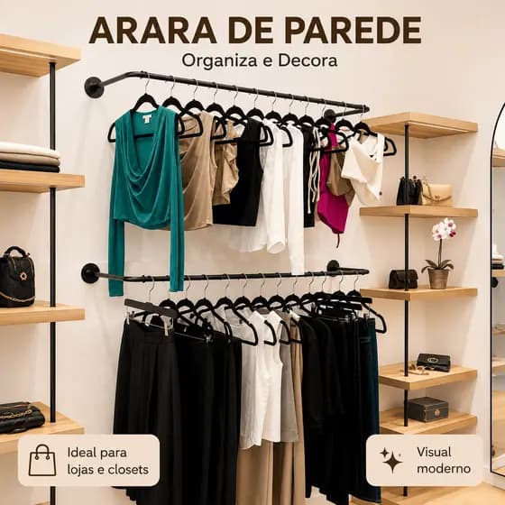 Arara De Parede Roupa Cabideiro Loja Closet Quarto Reta 80cm 100cm 120cm Moderna