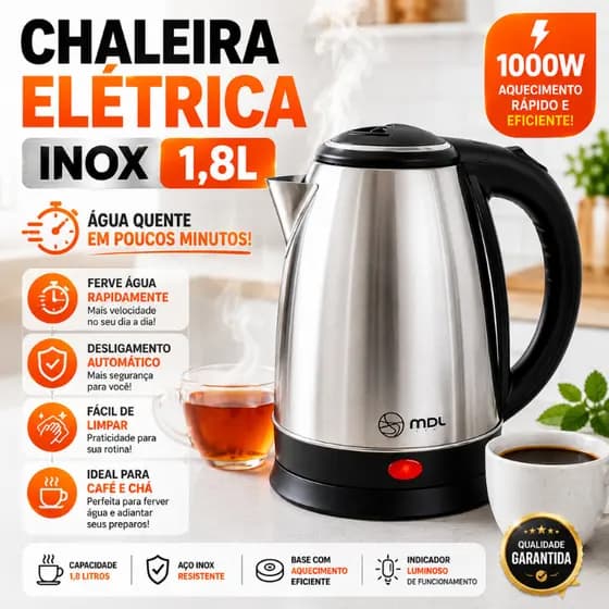 Chaleira Elétrica Inox 1,8L 110V Desligamento Automático Fervedor Água Café Chá |1310| Oferta