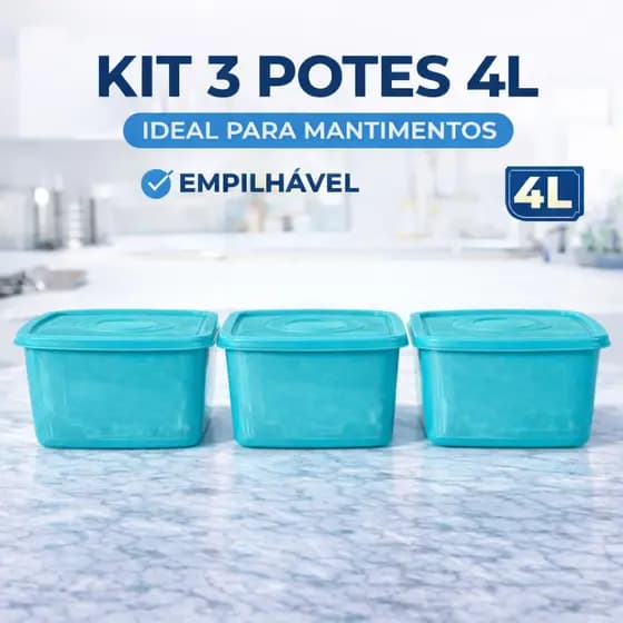 Kit 3 Potes 4L Plástico Retangular com Tampa para Mantimentos Cozinha Empilhável