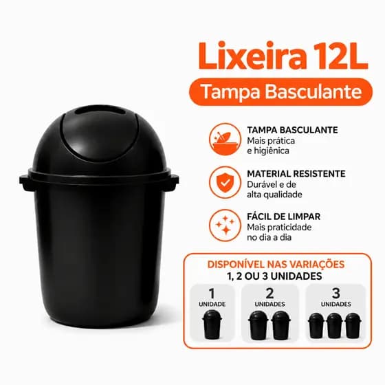 LIXEIRA 12 LITROS PRETA TAMPA BASCULANTE MODERNA PARA BANHEIRO COZINHA ESCRITÓRIO