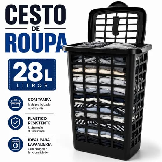 Cesto Roupa Suja 28 Litros Grande Com Tampa Plástico Resistente Preto Organizador