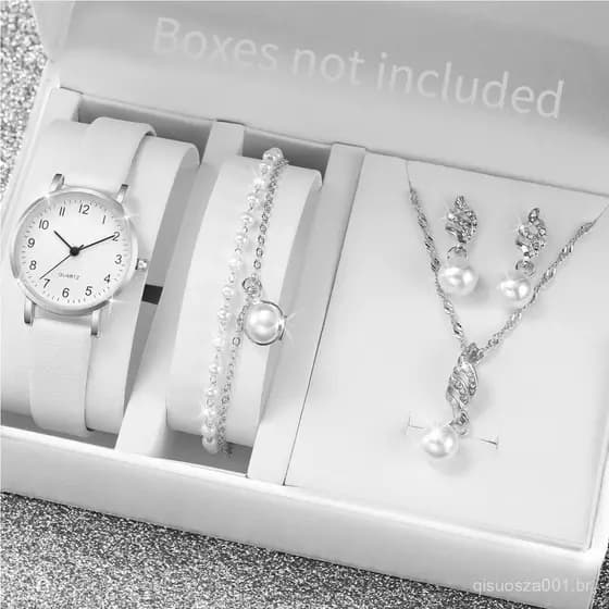 Conjunto De Relógio Feminino Moderno De 5 Peças – De Couro Com Mostrador Pequeno E Joias Pérolas Prateadas (Caixa Não In