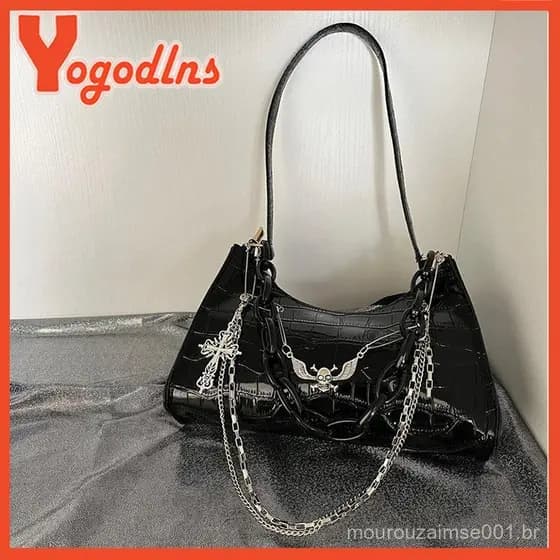 Bolsa de Ombro Vintage Gótica de Couro PU Yogodlns com Corrente de Caveira Feminina