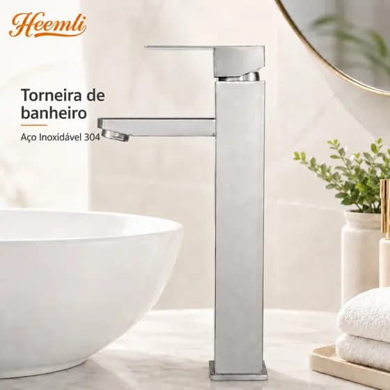 Heemli Torneira Banheiro Cuba Alta Cascata Inox 304 Bancada Metal Acabamento Brilhante