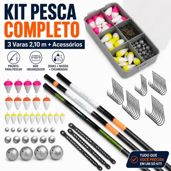 Kit Pesca 3 Vara Telescópica 2,10 Mts Estojo Acessorios boia anzol chumbada polinha kit pesca completo