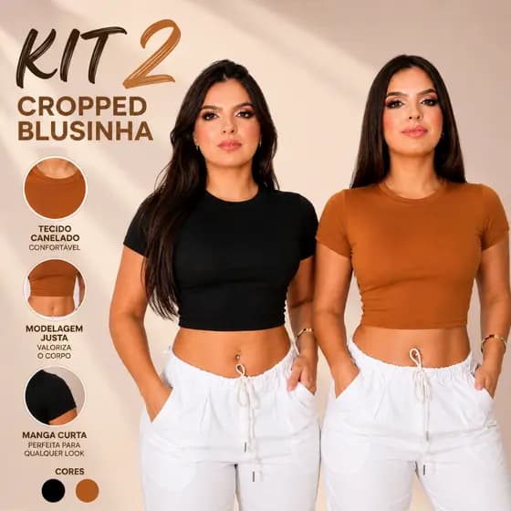 Kit 2 Cropped Feminino Suplex Liso Manga Curta Básico Moda Verão Tendência Envio Imediato