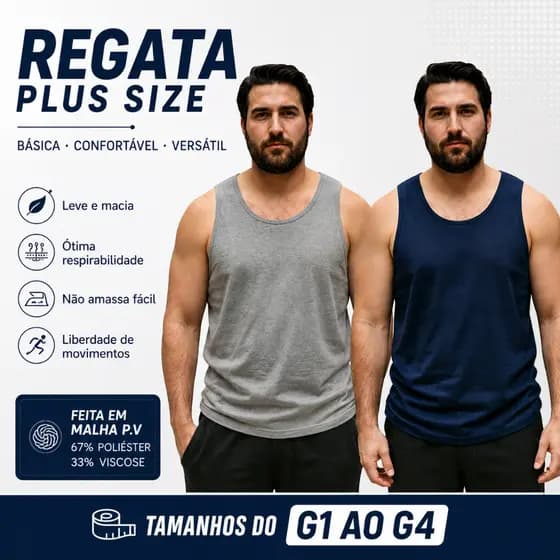 Regata Masculina Plus Size Básica Malha P.V - Tamanhos GG G1 G2 G3 G4 G5
