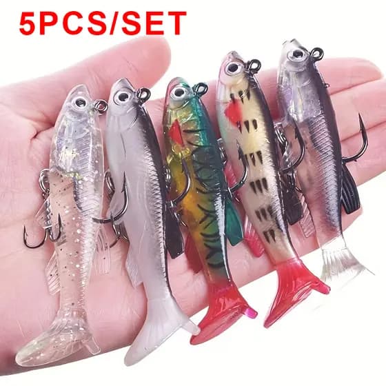 Kit 5 Isca Artificial Silicone Shad Peixe Embutido Chumbadas 14g 8cm Tucunaré Robalo Traira