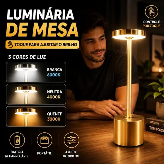 Luminária de Mesa Abajur Cabeceira Escrivaninha LED 3 em 1 Recarregável Tipo C Preto Cromado Dourado