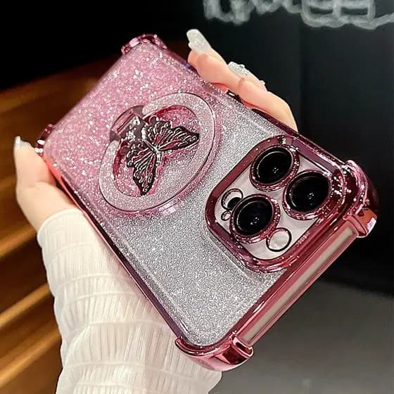 Glitter Borboleta Titular Chapeamento Silicone Capinha Capa Para iPhone 17 Ar 16 15 14 Plus 13 12 11 Pro Max