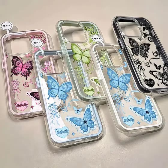 Capa Borboleta Premium Capinha Para iPhone 16 15 14 Plus 13 12 11 17 Air Pro Max Transparente Anti-Impacto