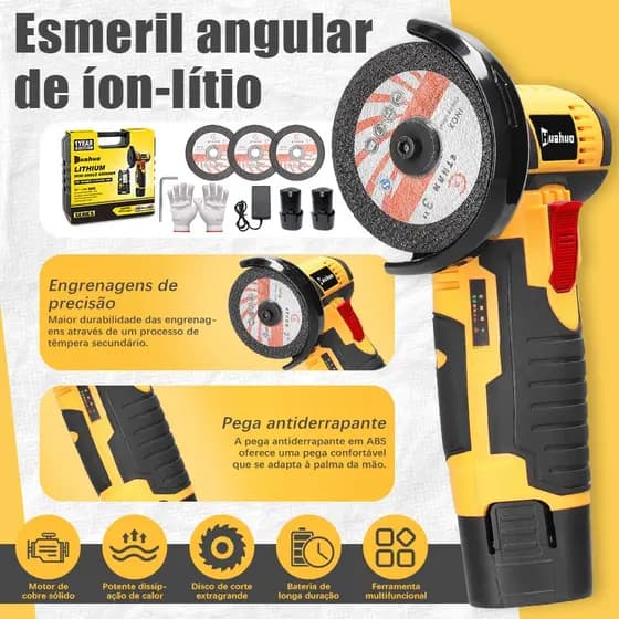 🔥produto mais vendido🔥Esmerilhadeira Lixadeira Angular Recarregável Portátil 75mm 12v S/fio Serra Mármore de 2 Baterias