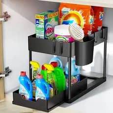 Organizador Multiuso 2 Níveis Deslizante Corrediça Armário Cozinha Banheiro Rack Prateleira Preto Branco