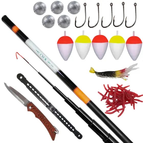 Kit pesca Vara Telescopica Canivete Boia Anzol isca soft chumbada enrolador linha kit completo tilápias tucunaré rios