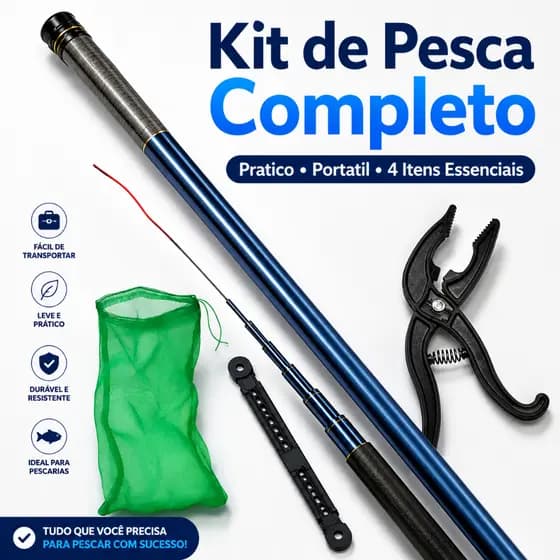 Kit Pesca completo Vara Telescópica 1,80m + Viveiro saco sambura + Alicate Pega Peixe + enrolador de linha