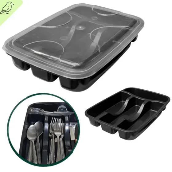 Porta Talher Preto com Tampa Organizador Doméstico Cozinha Durável para Guardar na Gaveta Seguro