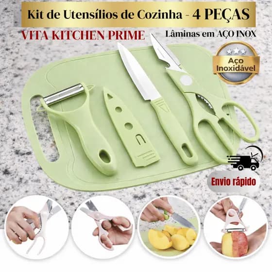 Kit Utensílios de Cozinha 4 Peças Profissional Faca Tesoura Multifuncional Descascador Tábua Corte
