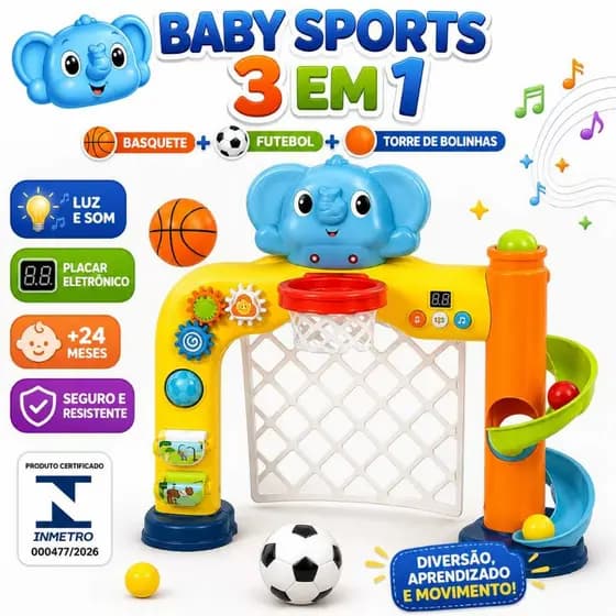 Brinquedo Educativo 3x1 Sports Elefantinho Basquete Futebol Torre Bolinhas Luz Som Placar Eletrônico