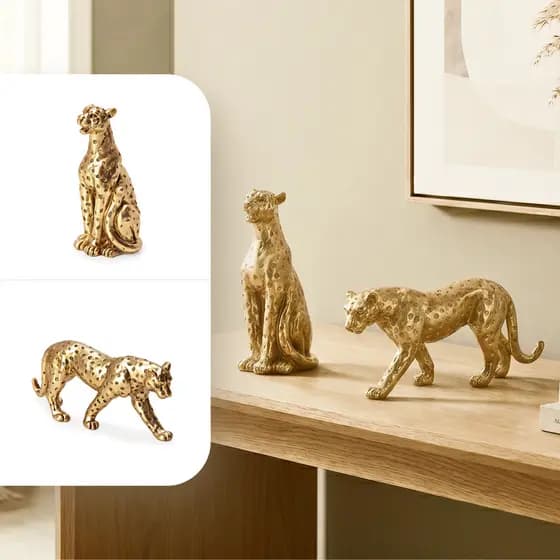 Kit 2 Esculturas Leopardo Poliresina Premium Felino Dourado Decorativo Luxo