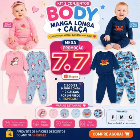 Kit 2 Conjuntos 2 Bodys Manga Longa e 2 Calças Bebê Menino e Menina.