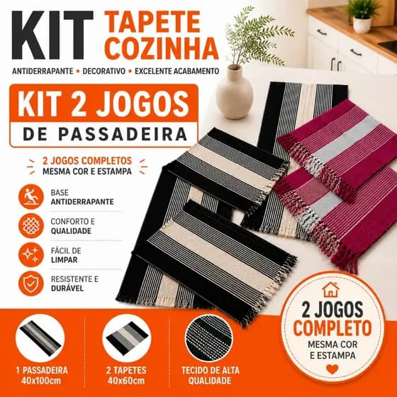 Kit Econômico 2 Jogos de Tapete Cozinha Antiderrapante Decorativo Fácil de Limpar e Resistente