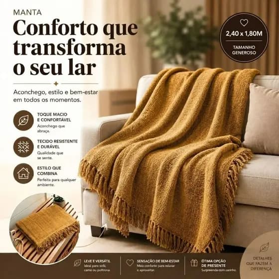 Manta Decorativa Para Sala Sofá Grande 2,40 x 1,80 Algodão