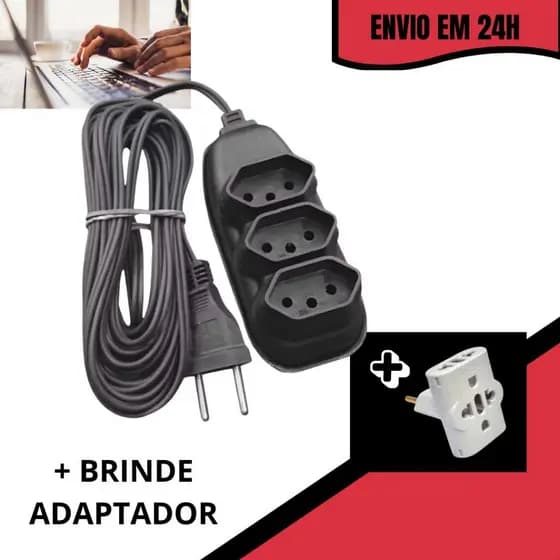 Extensão Elétrica 2/3/5/10 Metros + Adaptador de Tomada Bivolt 110/220 10A Tripolares Preta Resistente