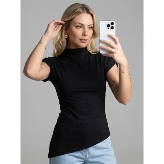 Blusa Feminina Ajustada Assimétrico Canelada Gola Alta Estilosa Básica Moda Luxo Chic Confortável