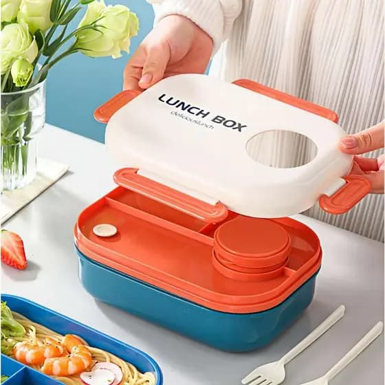 Marmita Lancheira 1100ml Hermética 3 Divisórias com Talheres Vedação Anti Vazamento Micro-ondas