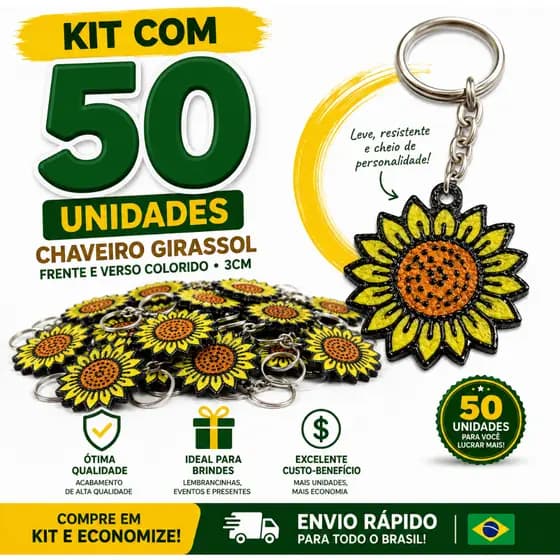 KIT 50 FLOR GIRASSOL 3CM COLORIDO FRENTE E VERSO Chaveiros
