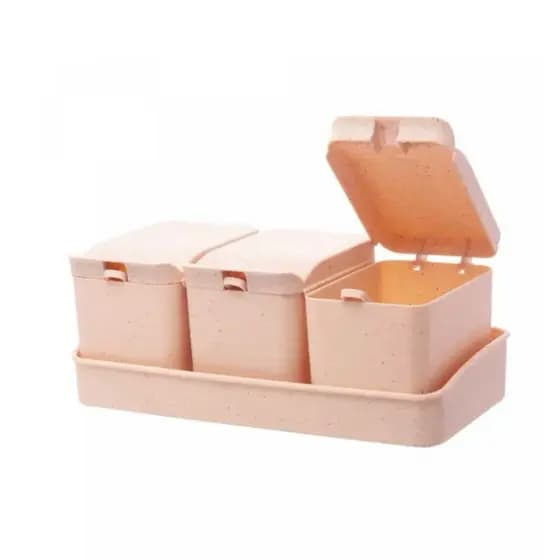 Conjunto 3 Porta Temperos de Bambu e PP com Colher e Bandeja Lines 10cm x 18cm x 7cm - Lyor
