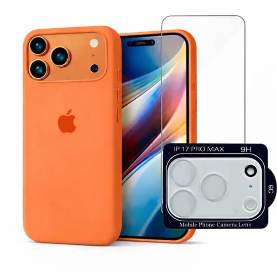 Kit 3em1 Case Silicone Colorida Para iPhone 17 Pro e 17 Pro Max + Película Vidro 3D + Lente Câmera_Kit Premium