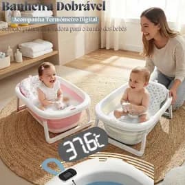 Banheira Bebê Infantil Dobravel Portátil Com Suporte Termômetro E Almofada Ergométrica