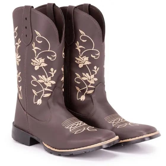 Bota Texana Country Feminina Bordada Ramos Café Bico Quadrado