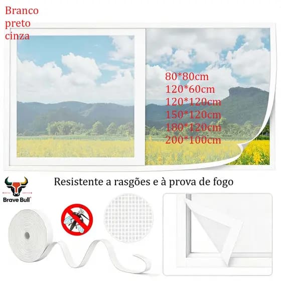 Tela Mosquiteira com Velcro em Fibra de Vidro Para Janelas e Portas resistente a rasgões e ao fogo Brave Bull