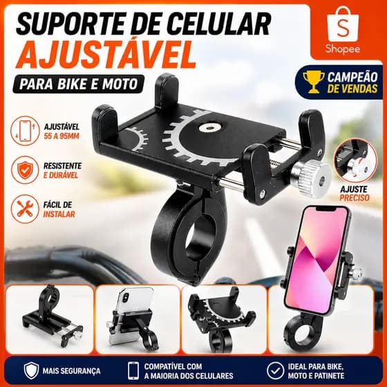 Suporte Celular Bike Moto Alumínio Ajustável GPS Resistente Anti Vibração Praticidade Ajuste