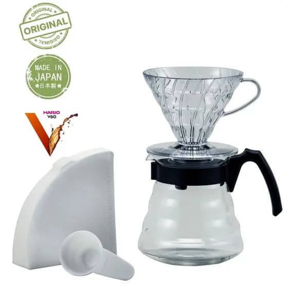Coador Acrílico e Jarra Vidro + Filtro Café Original Hario V60/02 Fabricado no Japão