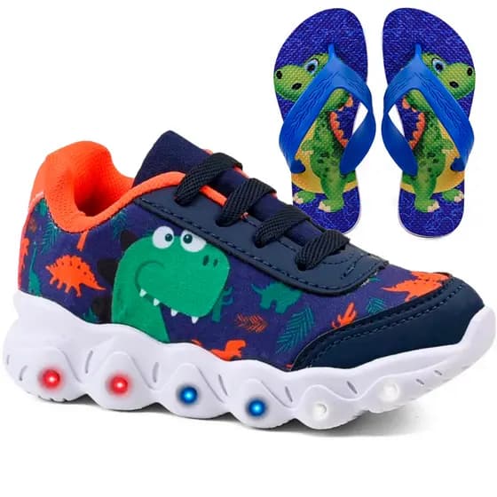 Kit Tênis Infantil Menino Dinossauro Casual Com Led + Chinelo Infantil