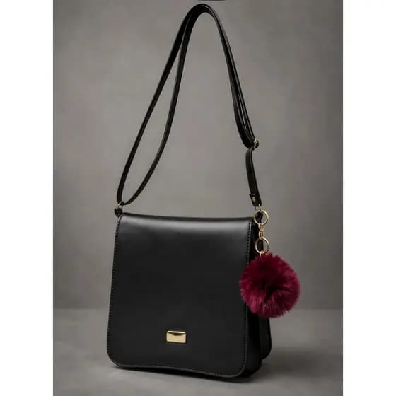 Bolsa Feminina Transversal Com Aba e Ziper Elegante Em Couro + Chaveiro Pompom