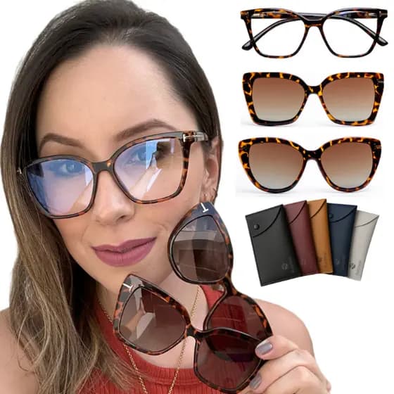 Óculos Premium Feminino Clip On 3 em 1 | Armação com Clip Solar Magnético | Polarizado UV400