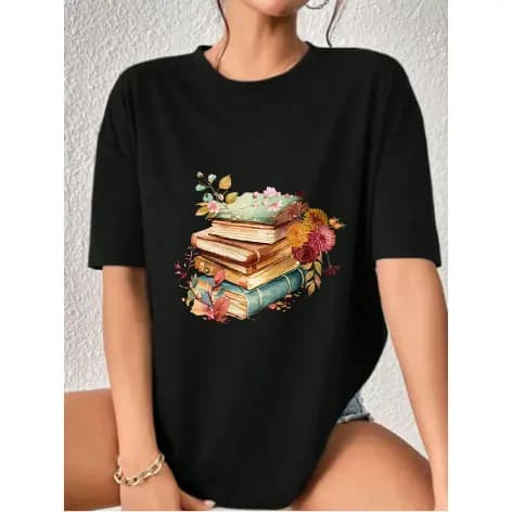 Camiseta feminina algodão estampada Livros e Flores Camisa Fio 30.1 Delicada e casual