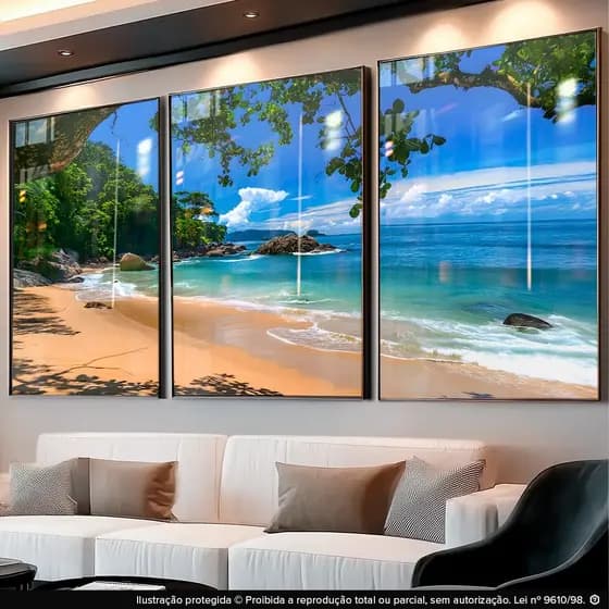 Quadro Decorativos Trio Paisagem Praia Mar Areia Árvore para Sala Hall Consultório