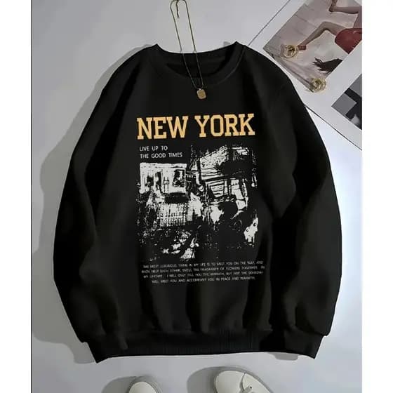 Moletom casual, gola redonda, manga longa, estampa gráfica de Nova York, estilo urbano, caimento confortável