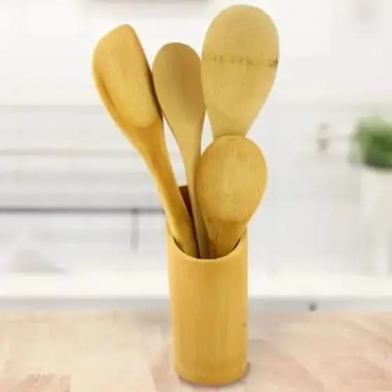 Kit Colher de Pau Utensílios de Cozinha Bambu com 5 Peças