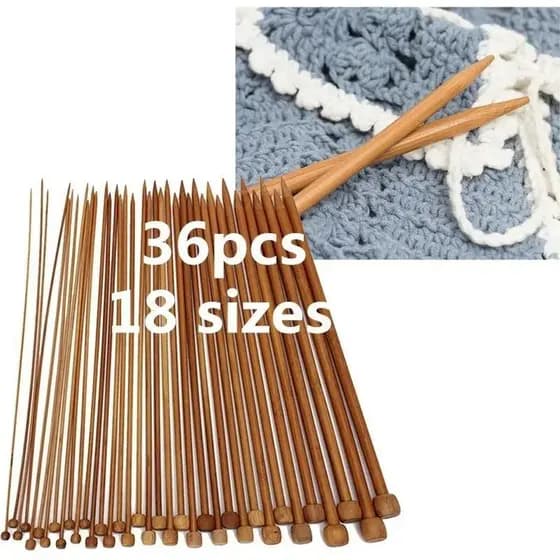 Conjunto Completo Agulhas de Crochê Bambu Carbonizado, 36 Peças 18 Tamanhos, Ponta Única para Tricô e Suéter
