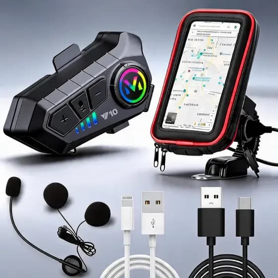 Kit Moto Fone Capacete Intercomunicador Bluetooth 5.3 + Suporte Celular 6,3” + Cabo TipoC/ Lightning
