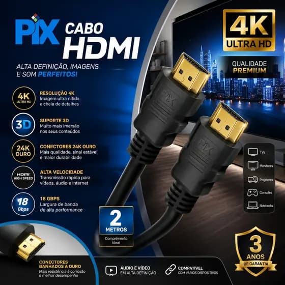 Cabo Hdmi 2 Metros Reforçado Para Tv Televisão Com Áudio e Vídeo Blindado Macho Reforçado Game 4 K
