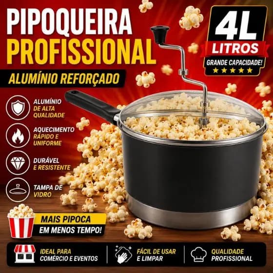 Panela Pipoqueira em Aluminio 4 Litros Grande N° 20 Tampa de vidro Preto Craqueado Profissional